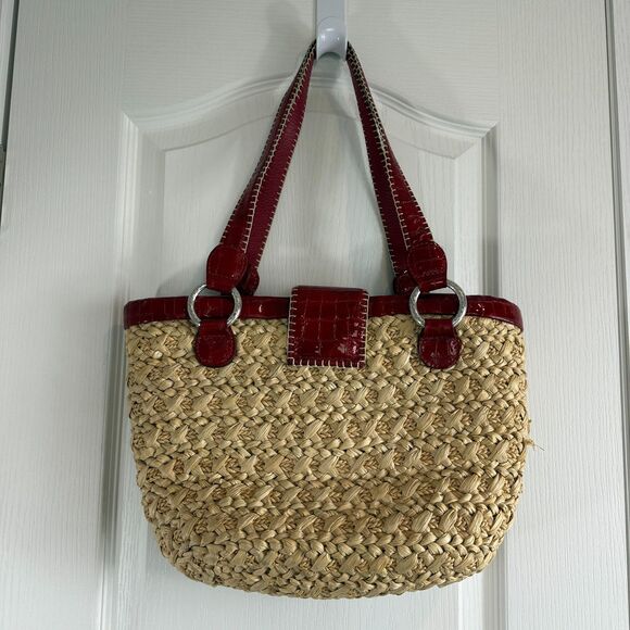 Brighton Straw Shoulder Bag Red Trim Butterfly Magnetic Closure Handbag Purse - Picture 2 of 10